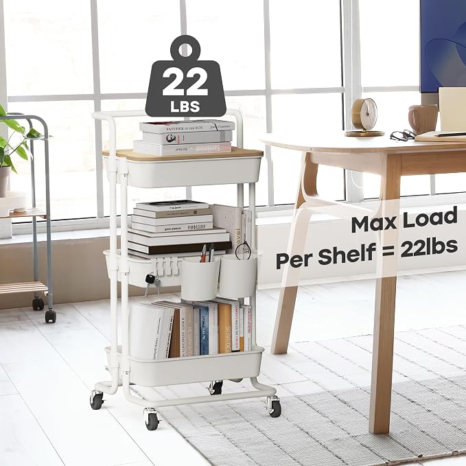 DTK 3 Tier Rolling Utility Cart with Cover Top Board, Movable Kitchen Storage Cart Trolley with Lockable Wheels, Cups, Hooks for Kitchen Bathroom Home Office Art Craft Storage and Organization(White) - Image 5