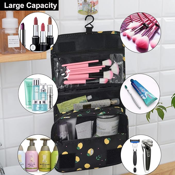 Travel Toiletry Bag for Women, Hanging Toiletry Bag with Multi-Pockets, Toiletry Bag for Traveling Easy Clean, Travel Organizer Bag Black-Lemon - Image 5