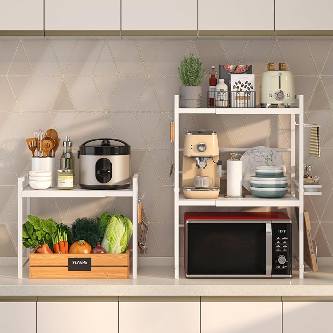DOLALIKE Expandable Microwave Stand Kitchen Countertop Organizer, White | Adjustable Microwave Oven Rack Metal Storage Shelf with 3 Hooks for Pans Small Appliances Kitchen Utensils Tableware, 2-Tier - Image 4