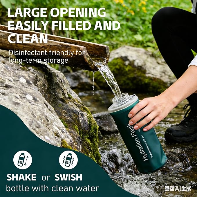 AXEN Collapsible Water Bottle with Filter for Hiking Travel, 700ml Green | Foldable Design, Lightweight Portable Filtered Water Bottle, Soft Hydration Flask for Trail Hiking Running Outdoors - Image 6