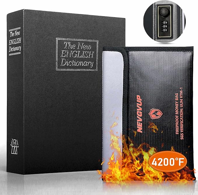 Diversion Book Safe with 4200°F Fireproof Money Bag and Combination Lock, 10.5" x 7.9" x 2.5" Fake Book Hidden Storage Safe, Hollow Secret Portable Metal Storage Box for Cash, Valuables - Black by NEVGVUP