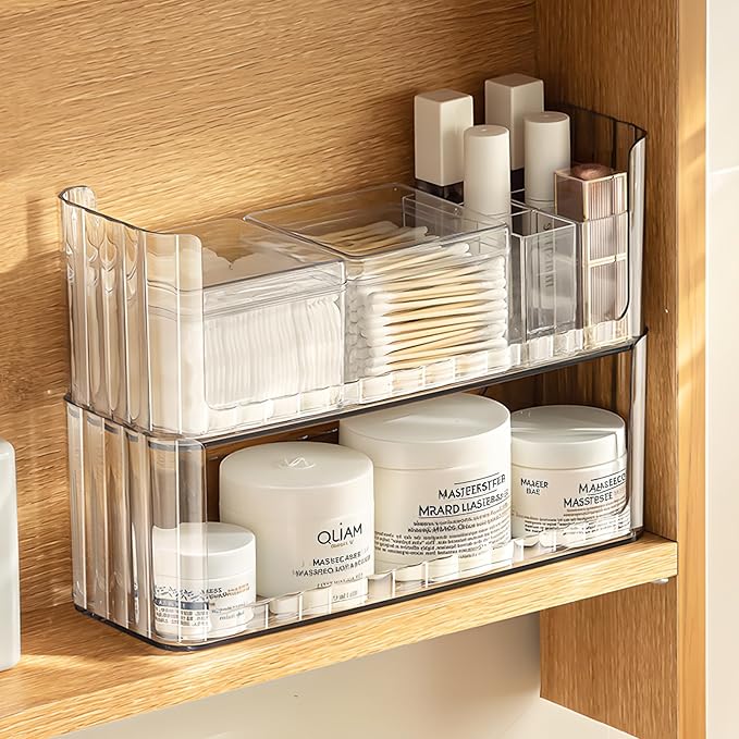 PAVSTINE 2-Tier Stackable Medicine Cabinet Organizer, Narrow Bathroom Makeup Organizer with Lipstick Holders & Cotton Swab Cases, Clear Countertop Shelf for Mirror Cabinet and Vanity by PAVSTINE