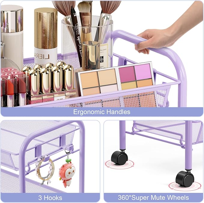 TOOLF 3 Tier Rolling Cart, Metal Utility Storage Cart with Wheels, Purple | 3 Hooks, Screwless Assembly, Trolley Organizer for Bathroom, Kitchen, Office, Nursery, Dorm, Laundry Room - Image 3