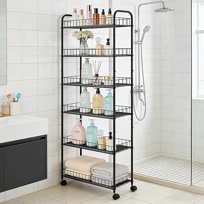 10in 6-Tier Slim Storage Cart with Wheels, Metal 10in Wide Black Narrow Rolling Shelf, Sturdy Slim Storage with Hooks Ideal for Kitchen, Bathroom, and Laundry Room - Image 4