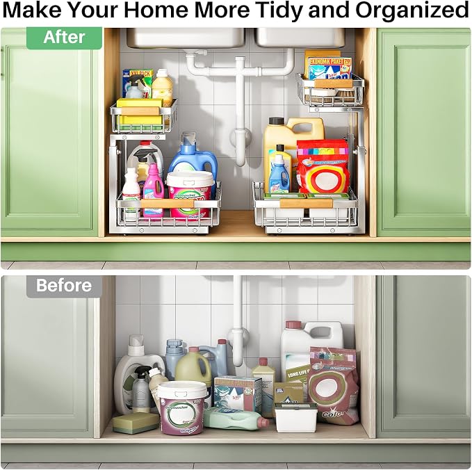 Kitstorack Under Sink Organizer, 2 Tier Under the Sink Storage, Slide out Pull out Cabinet Organizer Shelf, Metal Sliding Drawer for Kitchen Bathroom Pantry Closet Organization Rack, Silver, 2 Pack - Image 8