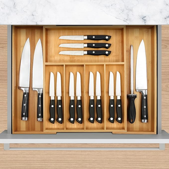 VaeFae Bamboo Drawer Organizer, Large, Natural | Expandable Silverware Organizer, Kitchen Utensil Storage, Wooden Cutlery Tray with Dividers, Fork and Spoon Holder - Image 2