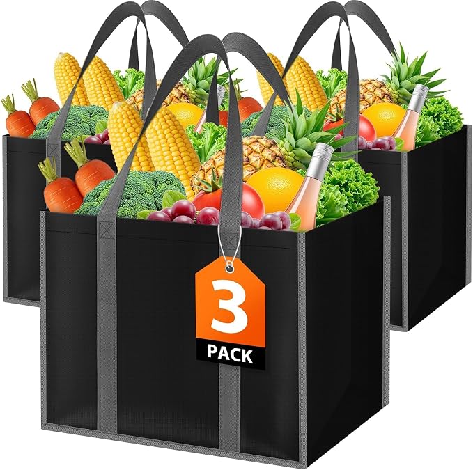 WISELIFE Reusable Grocery Bags, Foldable, Lasting Use, 35L, 3 Pack, Black | Large Shopping Bags with Reinforced Stitching, Water-Resistant Grocery Totes for Kitchen, Market, Car Trunk, Picnic by WiseLife