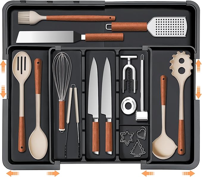 Large Utensil Drawer Organizer Expandable Silverware Organizer for Kitchen Drawer Adjustable Cooking Utensil Holder Cutlery Flatware Tray Spatula Tools Gadgets Storage Dividers Plastic Black by Spaclear