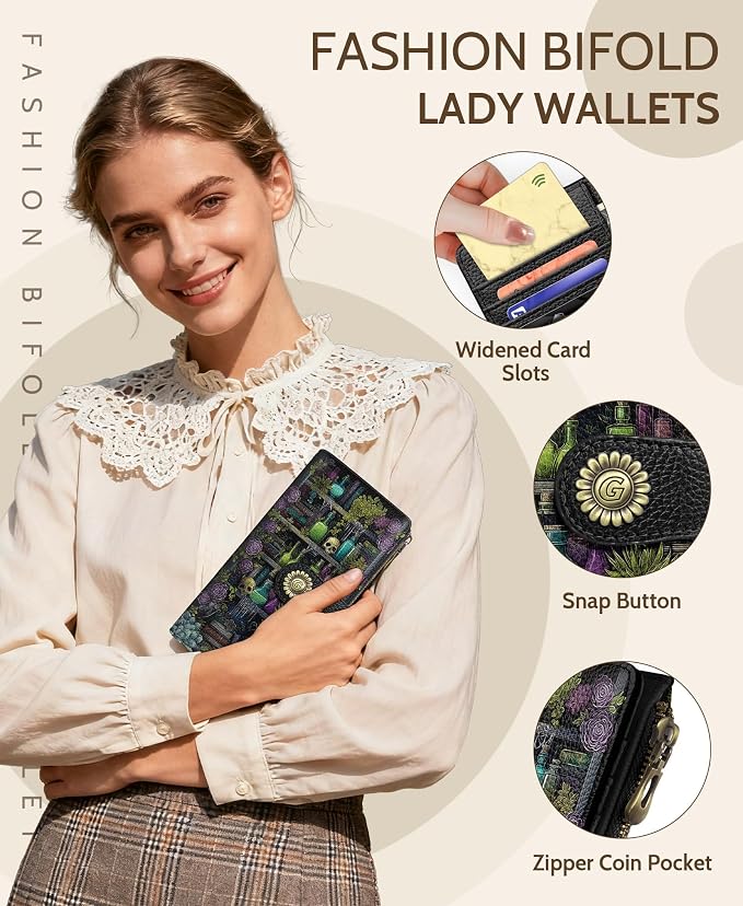 GIANCOMICS Goth Book Shelf Womens Wallet RFID, Credit Card Holder Bifold | Billfold, Cute Cash Purse, Travel Zipper Coin Pocket, Compact Clutch, PU Leather, ID Window, 11 Card Slots, Ladies Gift Woman - Image 6