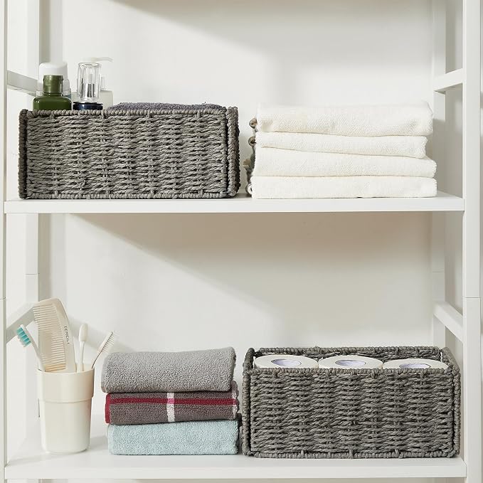 Wicker Storage Basket, Set of 2 Grey Baskets for Toilet Paper | Hand-Woven Wicker Baskets, Small Storage Baskets for Organizing with Handles Foldable Cube Storage Organizer Bins for Shelves - Image 4
