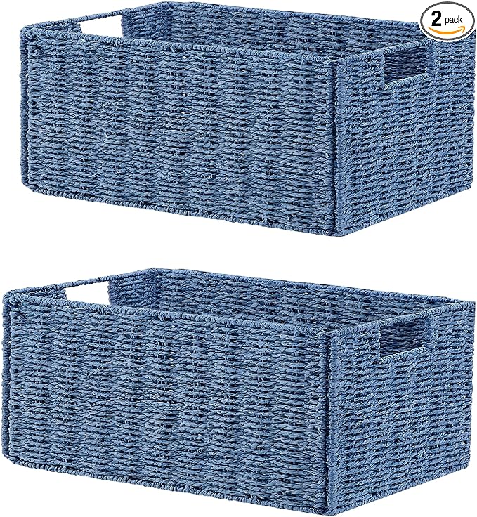 Wicker Storage Basket, Set of 2 Hand-Woven Paper Rope Wicker Basket, Small Storage Baskets for Organizing Toilet Paper, Foldable Large Cube Storage Organizer Bins for Shelves (Blue) by Vagusicc