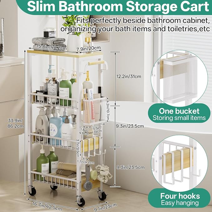 DTUQYX Slim Bathroom Storage Cart, 4 Tier Small Rolling Organizer Cabinet with Wood Top Handle, Mobile Shelving Unit Slide Out for Office, Kitchen, Laundry Room & Narrow Places (9.1" W Wood Basket) - Image 2