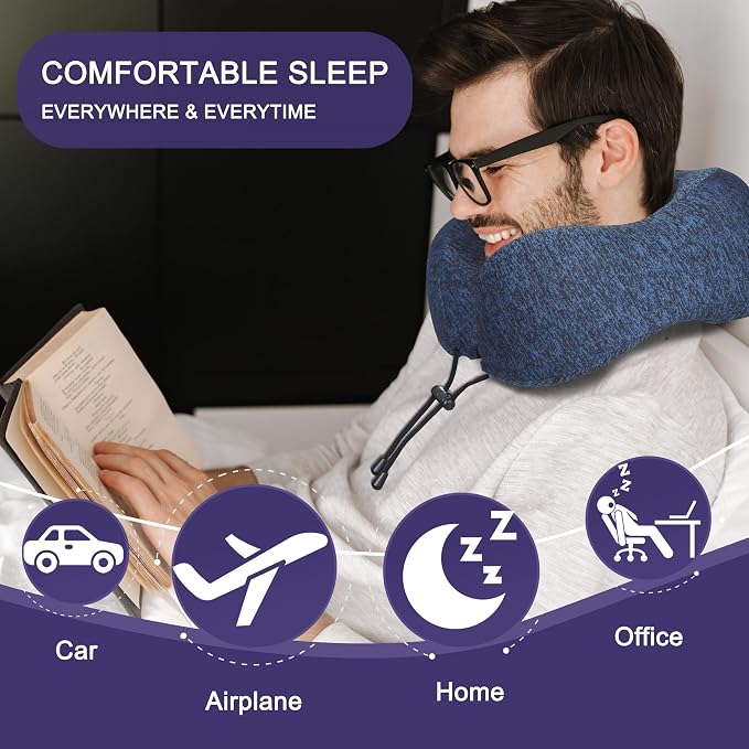 napfun Neck Pillow for Travel, Memory Foam Airplane Pillow, Full Dark Blue | 360° Neck Support, Upgraded 100% Memory Foam for Airplane, Car, Train, Bus, Office Sleep, Travel Essentials for Long Flights - Image 5