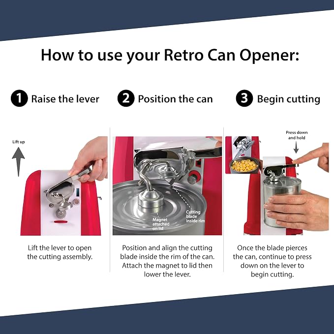 Nostalgia Retro Electric Can Opener for Kitchen with Magnetic Lid Remover, Knife Sharpener, and Soda or Beer Bottle Opener, Red - Image 8