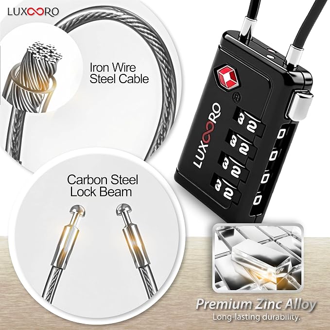 TSA Approved Luggage Lock with Alert Indicator, 4-Digit Resettable Combination, Durable Zinc Alloy Travel Lock for Suitcase, Backpack, Toolbox, Locker, All-Purpose, keyless – Black (4 Pack) - Image 7