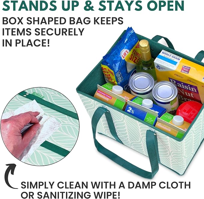Reusable Grocery Bags (3 Pack) – Heavy Duty Reusable Shopping Bags for Groceries with Box Shape to Stand Up, Stay Open, Fold Flat – Large Tote-Bag is Foldable with Long Handles & Hard Bottom (Green) - Image 3