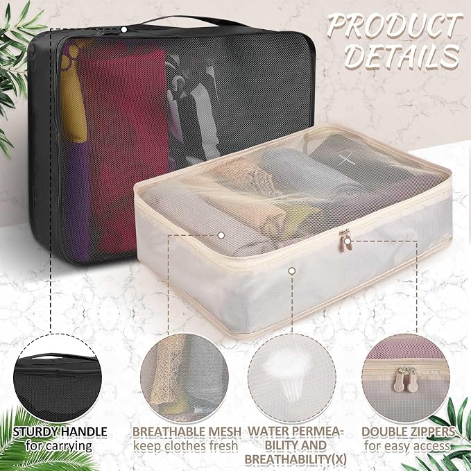 Silkfly 8 Pcs XL Packing Cube for Travel Luggage,Simple,Black Beige | 17.7 x 13 x 4.7, Same Size, Black and Beige Suitcase Storage Organizer Set, Reusable Mesh Clothes Cube for Hiking Camp Family - Image 3
