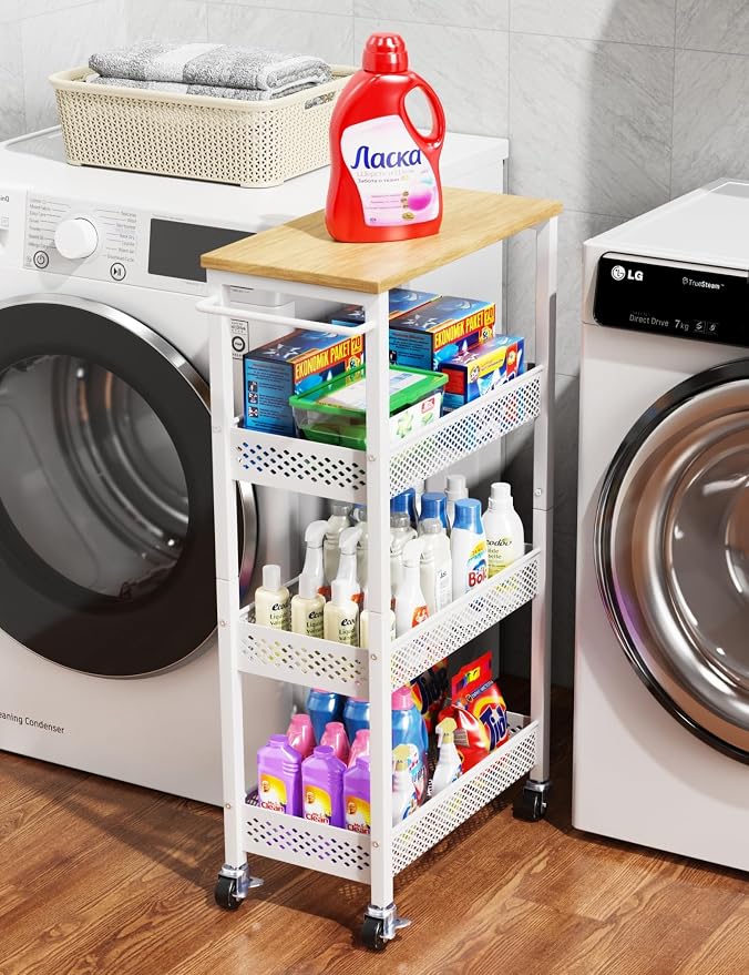 OKZEST 4-Tier Slim Rolling Storage Cart for Laundry Room, Bathroom, Kitchen | Upgraded metal hub casters, Narrow utility cart for small space/gaps, Premium wood top & metal mesh shelf, with handle & hook - Image 9