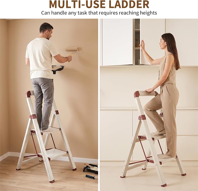 Step Ladder 2-Step White Finish Aluminum Iron Folding Ladders | Anti-slip Sturdy Foldable Ladder Step Stool for Kitchen Home Office Libaray - Image 6