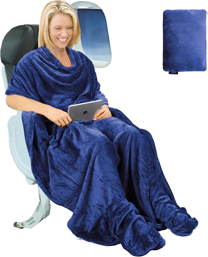 Tirrinia Travel Portable Blanket with Feet Pocket Airplane Office Poncho 4 in 1 Zippered Front Pocket Premium Cozy Fleece Blankets with Built-in Bag by Tirrinia