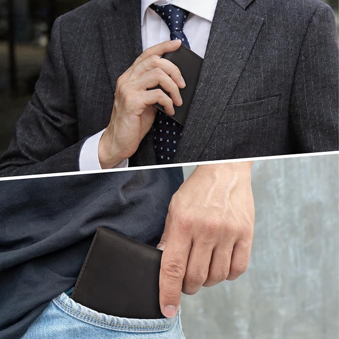 Chelmon Genuine Leather Slim Wallet for Men ID Window with RFID Blocking Front Pocket Bifold Minimalist Mens Bussiness Card Holder Gift for Men, Craze Horse Coffee - Image 6