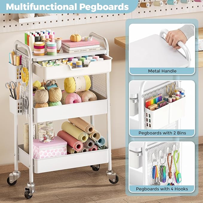 KINGBOARD 3 Tier Metal Rolling Cart with Drawer, White Utility Storage Cart | 2 Cups & 4 Hooks, Lockable Wheels, Trolley Organizer for Bathroom, Kitchen, Office, Nursery, Dorm, Laundry, Craft Room - Image 4