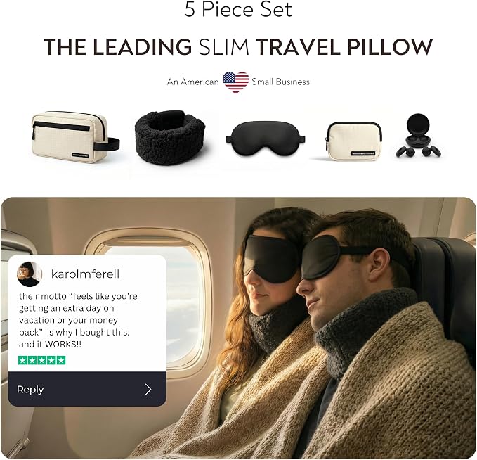 Slim Travel Neck Pillow for Long Flights, 360° Memory Foam Support Travel Neck Pillow with Premium Airplane Comfort Essentials 5pc Set, Best for Sleeping on Airplanes, Cars, Trains | Compact Bag - Image 2