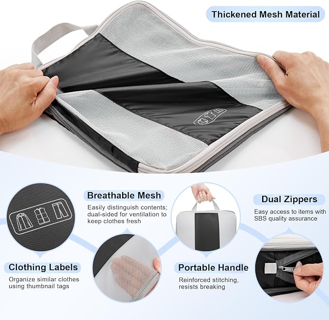 OlarHike 8 Set Compression Packing Cubes for Travel Essentials,Compressible Expandable Space Saver Bags for Organizing Clothes,Luggage Suitcase Garment Bags with Over 1000 pcs Mesh Holes(Black) - Image 6
