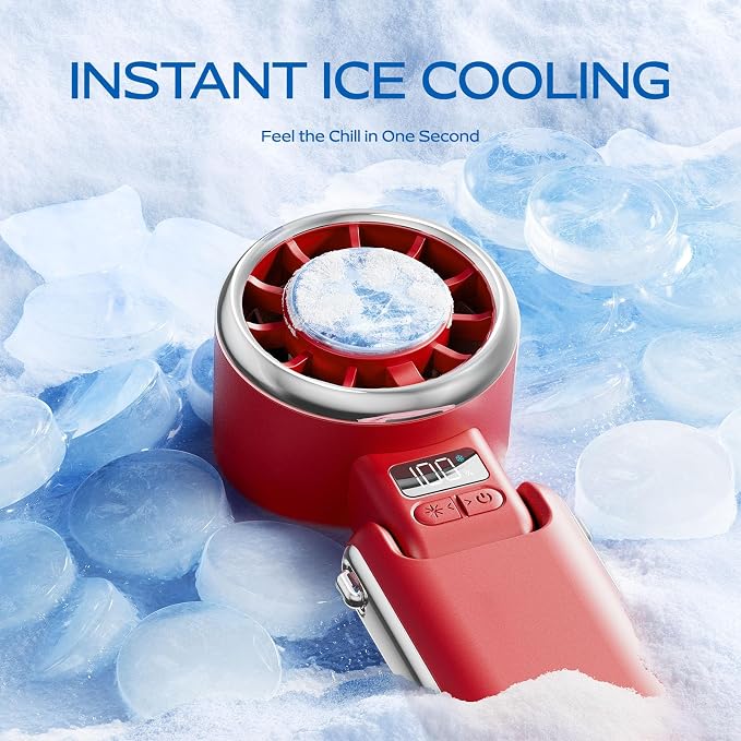 SHEWIND Portable Handheld Fan with Ice Cooling - 5 Gear High Speed Turbo Personal Fan Rechargeable, Up to 13 Hrs, Mini Hand Fans for Travel Essentials, Beach Vacation, Gifts for Women, Men (Red) - Image 2