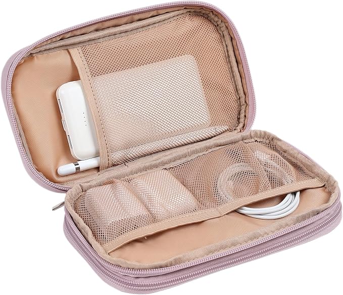 NISHEL Electronics Travel Organizer Cord Case, Charger Cable Tech Bag | Double-layer bag keeps chargers, cables, flash drive, and small tech essentials organized for trip, Medium, Peach Pink - Image 4