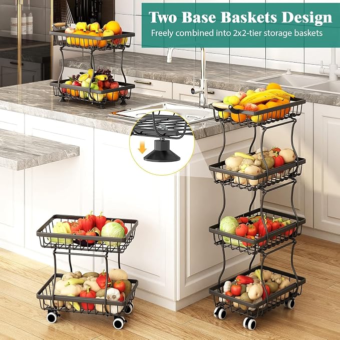 Stackable Fruit Vegetable Basket 4 Tier Kitchen Storage Rolling Cart | metal frame, 9.4“ width for small ppace, easy assembly, veggie rack for potato onion produce apple banana, move smoothly - Image 3