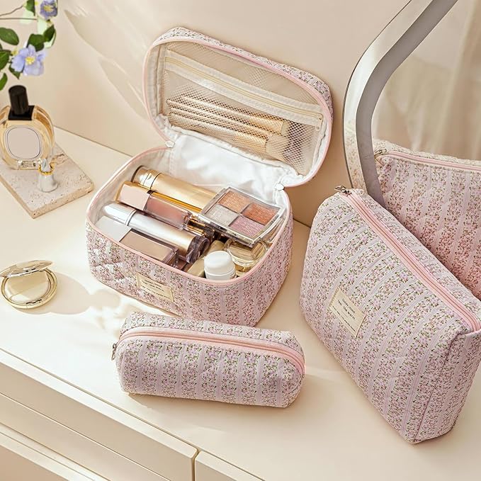 HBselect Quilted Makeup Bag, 3Pcs Cotton Large Travel Makeup Bags Organizer | Cute Floral Make up Bag Cosmetic Bag Toiletry Bag for Women Girls, Makeup Pouch for Skincare, Brushes & Travel Essentials - Image 3