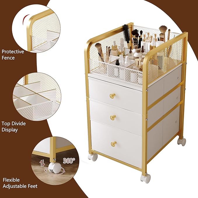 Rolling Makeup Organizer Cart with 3 Drawers Under Desk Storage | Vanity Cart Bathroom Storage Cart Cosmetic Vanity Display Cases Holder for Nail Polish Brush Hair Tool - Image 5