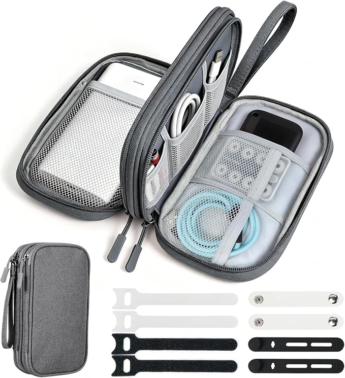 Double Layer Electronics Organizer, Tech Pouch, Dark Gray | Water-resistant Oxford fabric with padded lining. 8 compartments keep 3ft+ cords tangle-free. Includes 8 cable ties. by Woyinger