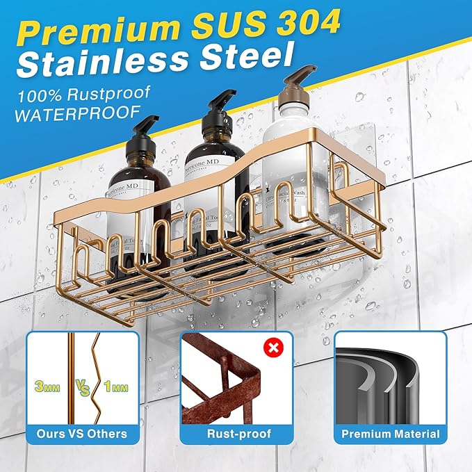 EUDELE Shower Caddy 2 Pack, Adhesive Organizer for Bathroom Storage, Home Decor & Kitchen, No Drilling, Rustproof Stainless Steel Shelf, Bathroom Decor Sets - Image 5