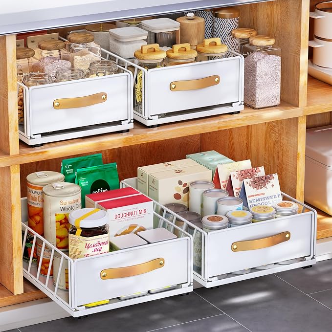 Pull out Cabinet Organizer,Heavy Duty Slide out Pantry Shelves Drawer Storage with Adhesive Nano Film,Sliding Mesh Cabinet Basket with Handle for Kitchen, Bathroom, Home, 11.8W" X 15.7"D X 6.2"H,White by Kitstorack