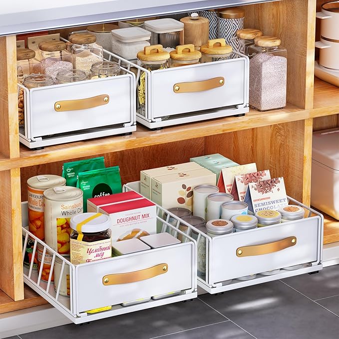Pull out Cabinet Organizer,Heavy Duty Slide out Pantry Shelves Drawer Storage with Adhesive Nano Film,Sliding Mesh Cabinet Basket with Handle for Kitchen, Bathroom, Home, 9.8"W X 15.7"D X 6.2"H,White by Kitstorack