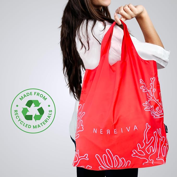 5 Pack Large Foldable Reusable Grocery Bags Carry Pouch, 55 lb | Washable, Easily Sort Shopping with 5 Bag Colors, Reinforced Handles, Recycled Material, Great Totes for Travel, Tiny Pouch - Image 5