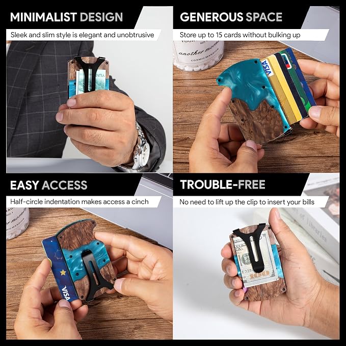 Minimalist Wallet for Men, Slim Metal RFID Blocking Wallet Credit Card Holder Money Clip & Cash Strap, Scratch-Resistant Holds 15 Cards,Ideal Gift for Men | Resin Wood, Unique Pattern,Orange - Image 5