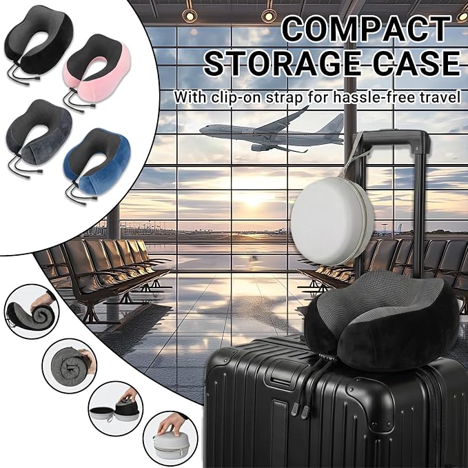 Travel Neck Pillow, 100% Memory Foam, U-Shaped with Storage Box, Black | 100% memory foam with 360-degree support & adjustable buckle. Compact storage box. Machine washable cover. Fits all necks. - Image 7