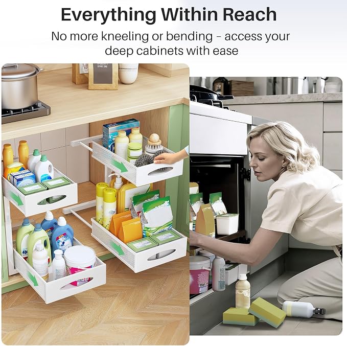 Under Sink Organizer, 2 Pack 2 Tier Pull out Cabinet Organizer Baskets with Mesh Sliding Drawers, Slide out Sink Storage Shelves for Kitchen, Bathroom, Pantry, Cabinet Organizers and Storage(White) - Image 7