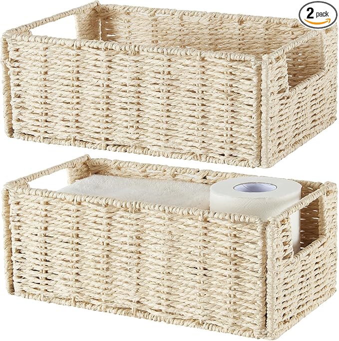 Wicker Storage Basket, Set of 2 Hand-Woven Paper Rope Wicker Basket, Small Storage Baskets for Organizing Toilet Paper Basket, Foldable Large Cube Storage Organizer Bins for Shelves (Beige) by Vagusicc