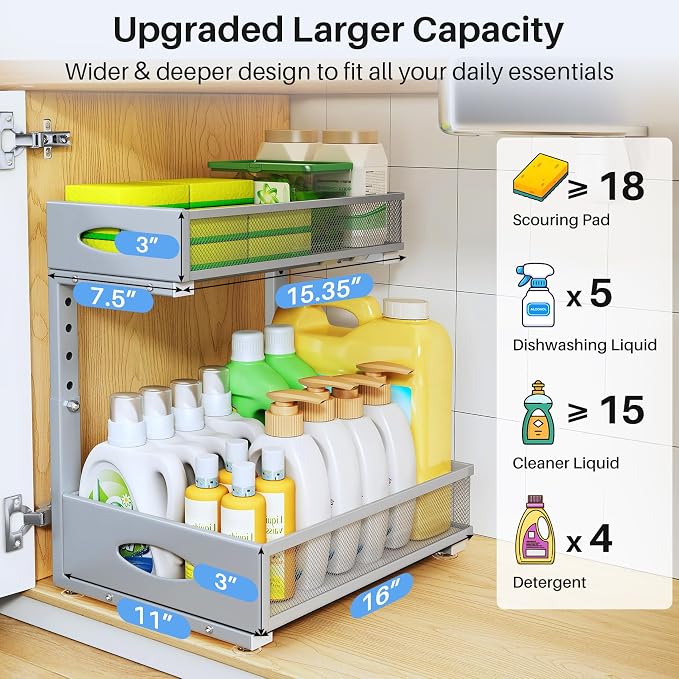Under Sink Organizer, 2 Tier Pull Out Under Cabinet Organizer Shelf with Pad for Framed Cabinets, Metal Slide Out Under Sink Storage, Mesh Sliding Drawers for Kitchen Bathroom Laundry(Grey, 1 Pack) - Image 4
