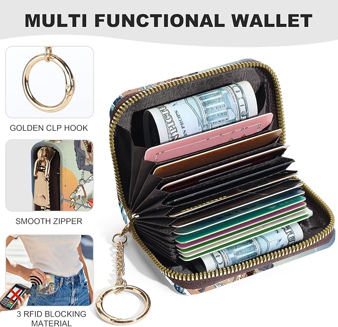 Credit Card Holder for Women,Small Rfid Wallet with Keychain Zipper,Cute PU Leather Card Case Wallet，Accordion Credit Card Wallets Gift,Cats and Dinosaurs - Image 2