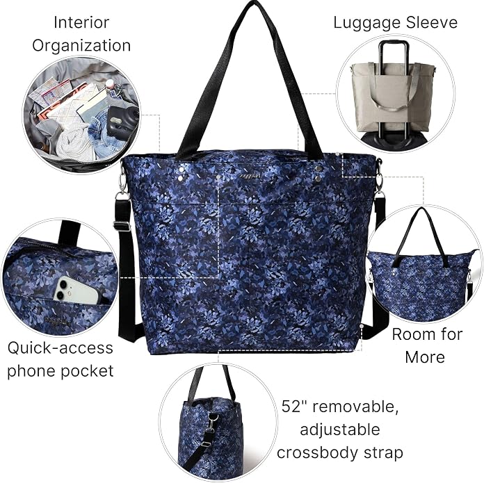 Baggallini Carryall Tote - Lightweight Nylon Zipper Top Weekender Travel Beach Bag w/Luggage Sleeve - Image 3