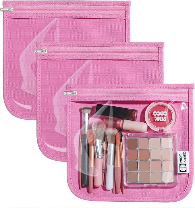 HIONXMGA Set of 3 Diaper Bag Organizing Pouches, Space-Saving, 3 Large Size | Clear Front Toiletry Bags Waterproof Zipper Pouches for Women Kids Toiletries Baby Essentials Well-Organized Carry, Pink by HIONXMGA