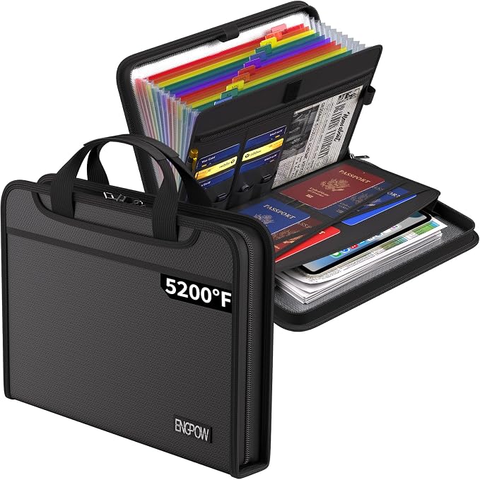 ENGPOW Accordion File Organizer, Fireproof 5200°F Expanding File Folder with 13 Pockets Document Organizer with Handle & Labels, Portable Home Office Travel Safe Storage for Letter A4 Files, Black by ENGPOW