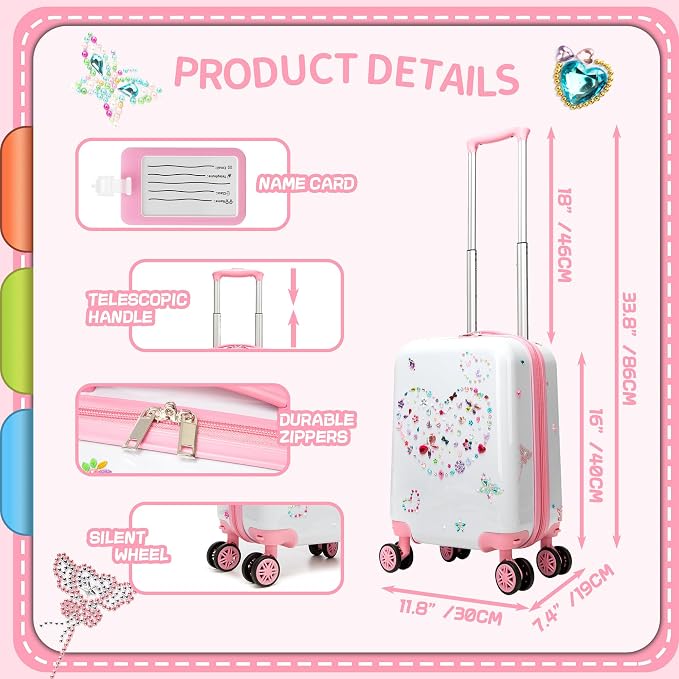 Kids Luggage Sets 2 Piece Pink Rolling Suitcases for Girls with Wheel Shardshell 16" Travel Suitcase with 10 Sheets Gem Stickers - Image 2