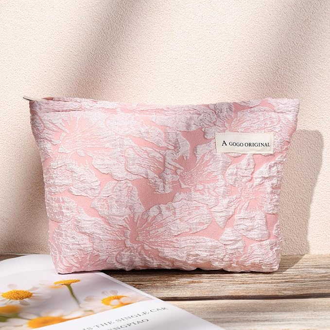 SOIDRAM 2 Pieces Flower Makeup Bag Large Floral Cosmetic Bag Capacity Canvas Travel Toiletry Bag Organizer Cute Makeup Brushes Aesthetic Accessories Storage Bag for Women, Flower L White Pink - Image 7