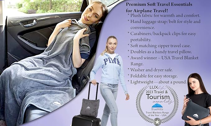 BlueHills Soft Travel Blankets Plush Value Pack Set of 2 - Premium Airplane Travel Essential Flight Blanket Throw in a case with Strap Compact for Car Plane Travel Gift – Dark Green and Gray. - Image 4
